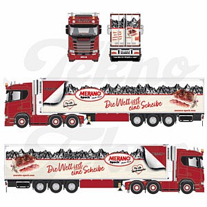 Modelltruck Heinrichs Merano Speck im Maßstab 1:87 mit aufwendiger Trailer-Gestaltung und dem Schriftzug „Die Welt isst eine Scheibe“.