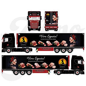 Modelltruck Heinrichs Viva España im Maßstab 1:87 mit schwarzem Trailer, spanischer Lady und Spezialitäten aus Spanien.