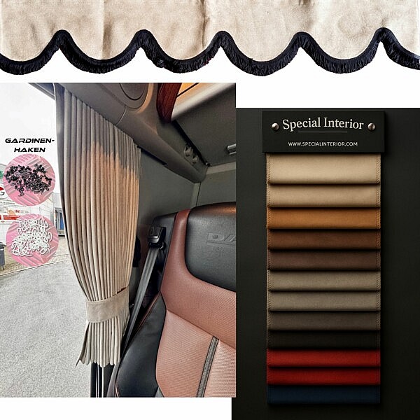 Gardinen-haken Zwei Sorten LKW-Gardinenhaken in Schwarz und Weiß neben Truckgardinen aus Velours – perfekt für individuelle Fahrerhausgestaltung.