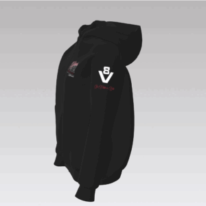 Seitenansicht der Heinrichs Thermoliner Hoodiejacke mit V8-Logo und „La Vida es Bella“-Schriftzug auf dem linken Ärmel.