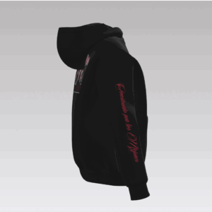 Seitenansicht der Heinrichs Thermoliner Hoodiejacke mit rotem Schriftzug „Construido por los Mejores“ auf dem rechten Ärmel.