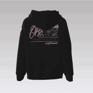 Rückansicht der Heinrichs Thermoliner Hoodiejacke mit großem Rückenprint – Logo, Rosenmotiv und „Germania“-Schriftzug.