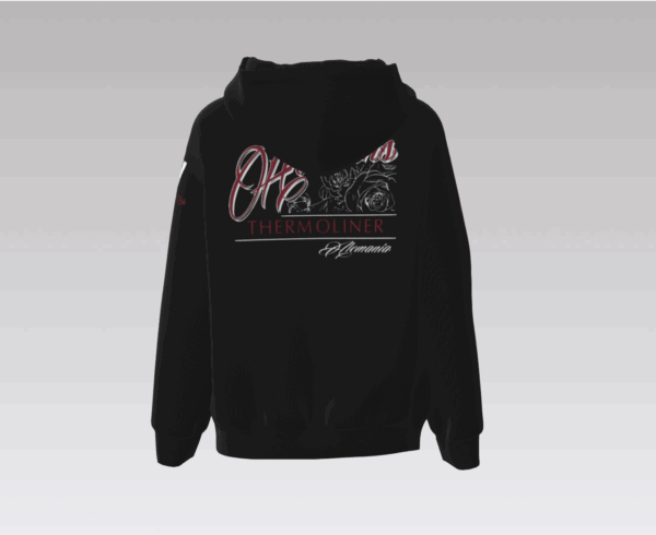 Rückansicht der Heinrichs Thermoliner Hoodiejacke mit großem Rückenprint – Logo, Rosenmotiv und „Germania“-Schriftzug.