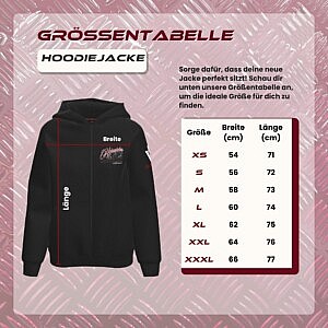 Größentabelle für die Heinrichs Hoodiejacke – der perfekte Fit für Trucker, vom XS bis XXXL, mit Breiten- und Längenmaßen für echte Road-Style-Passform.