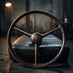 Vintage LKW-Lenkrad aus Leder mit V8-Emblem – Oldschool Truck Interieur von Special Interior