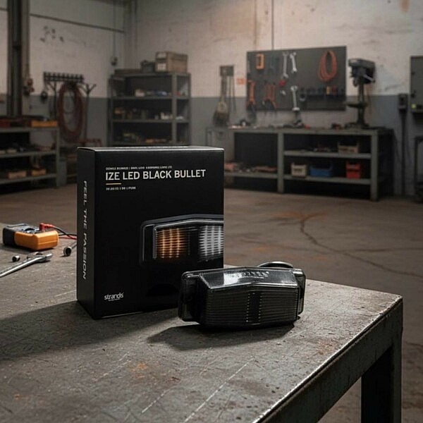 Strands IZE LED Black Bullet Seitenmarkierungsleuchte in schwarzem Design auf Werkbank in Werkstatt – hochwertige LKW Beleuchtung, E-geprüfte LED Lampe für Truck, Trailer und Showtruck, modernes Strands Lighting Zubehör.