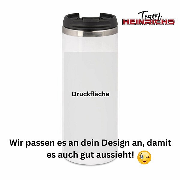Personalisierter Thermobecher Druckflächen Skizze, Team Heinrichs