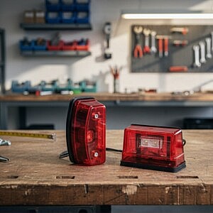 rote LED Rückleuchten für LKW Anhänger auf Werkbank, Werkzeugwand im Hintergrund