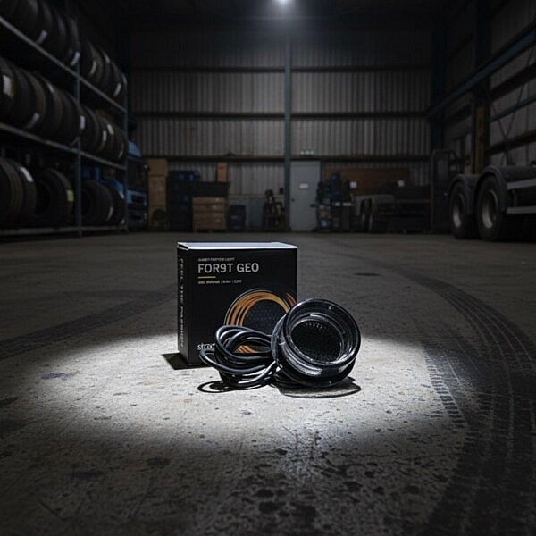 Strands For9t Geo LED Positionslicht Amber – runde LED-Leuchte in Werkstatt-Szene, robustes Design für LKW, Trailer und Nutzfahrzeuge