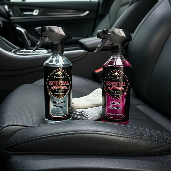 Fahrzeugpflege-set-innenraum-interior-cleaner-glass-reiniger-special-interior-dirty-buisness Special Collection Interior Cleaner und Glass Cleaner im Auto-Innenraum, hochwertiges Fahrzeugpflege Set mit Mikrofaser auf Ledersitz